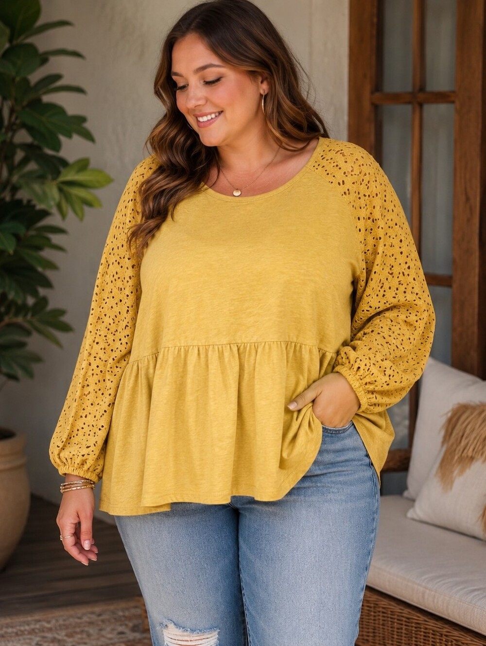 Time and Tru Mustard Yellow Eyelet Sleeve Peplum Top XXL (20) Boho Casual Cotton
